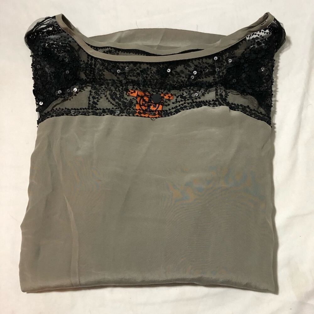 Tory Burch grey silk blouse black lace sequin bead embellishment womens 14 FLAW - Picture 10 of 10